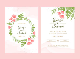 Fototapeta na wymiar Watercolor wedding set. Wedding invitation in rustic style with watercolor flowers and leaves. Save the date template card design. Vector illustration.