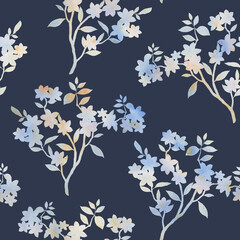 Abstract botanical pattern. Branch with leaves and flowers in a seamless pattern.