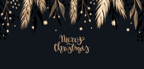 Obraz premium Dark Hand drawn Christmas background with Gold Branches and leaves. Winter Holidays Luxury banner