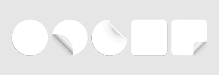Circle adhesive sticker labels mockup. Square paper adhesive sticker with realistic round shadow