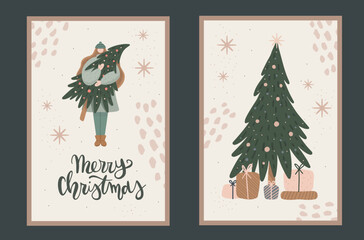 Fototapeta na wymiar Girl holding Christmas tree Greeting cards set. Vector Hand drawn winter Holidays background