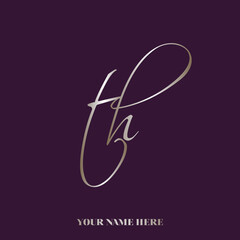 TH monogram logo.Calligraphic signature icon.Script letter t, letter h.Lettering sign.Wedding, fashion, beauty, gift boutique, decorative alphabet initials.Handwritten style gold characters.