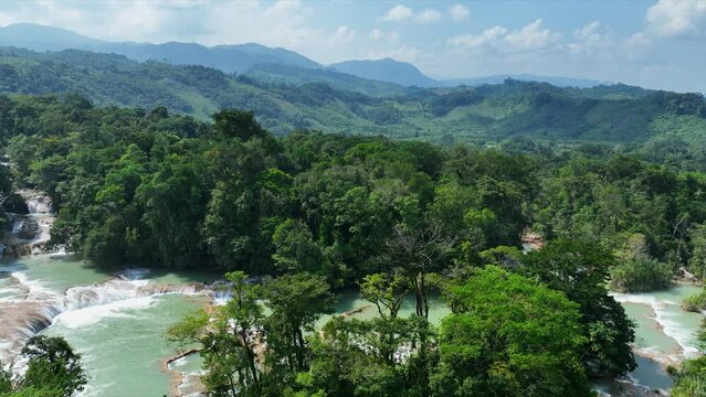 Aerial view of the waterfalls Agua Azul, Chiapas (Mexico).