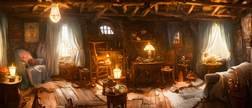 Artistic concept illustration of a cottage interior, background illustration.