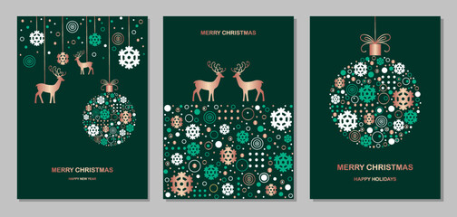 Christmas and New Year greeting cards on a dark emerald background. Set of templates with snowflakes, Christmas balls, reindeer and copy space with golden elements. Vector. © Oksana_Skryp