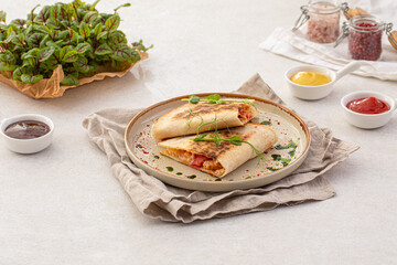 Portion of gourmet appetizer quesadilla with chicken