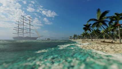Conquest of Paradise, old vessel and crew boat arriving on a tropical island, 4k