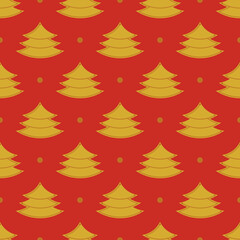 Christmas trees seamless pattern. Xmas trees with star on red background. Happy New Year concept. Christmas background. Festive design for print on wrapper paper, fabric, packing. Vector illustration