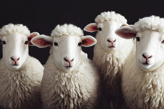 Picture of four white sheep in studio setting