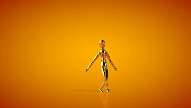 Funny golden mannequin dancing hip hop, seamless loop, orange studio
