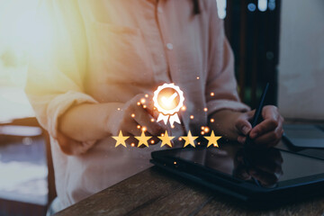 Hand shows the sign of the top service Quality assurance, thumb up and 5 star, best product,...