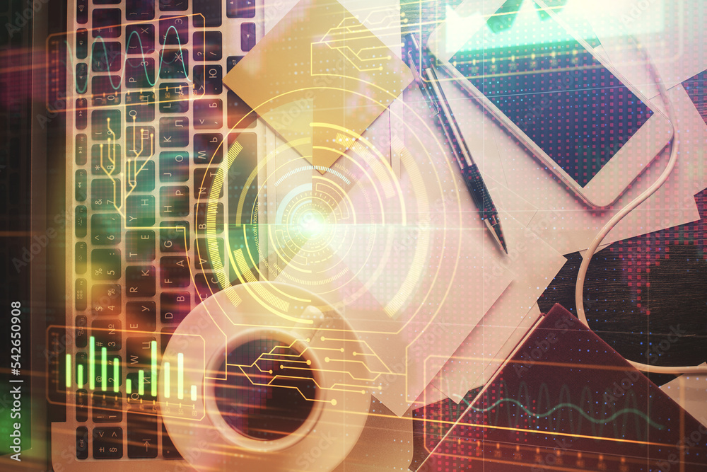 Aufkleber double exposure of data drawing hologram over topview of study desk background with computer. concep