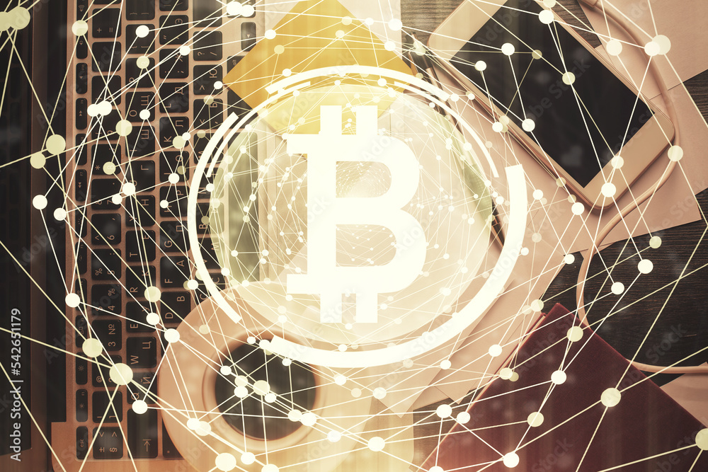 Poster Blockchain theme hologram drawings over computer on the desktop background. Top view. Multi exposure. Concept of cryptoeconomy.
