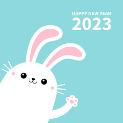 Happy Chinese New Year 2023. The year of the rabbit. Bunny in the corner waving paw print hands. Cute kawaii cartoon funny smiling baby character. White animal. Blue background. Flat design