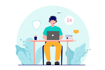 Online support, customer service, call center. Assistant sitting in front of laptop and answering customer questions. illustration.