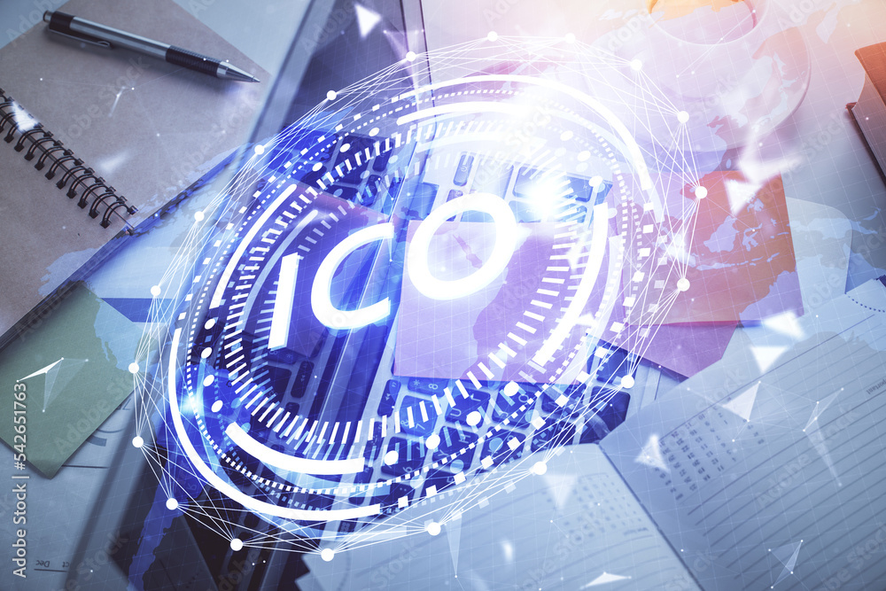 Poster Blockchain theme hologram drawings over computer on the desktop background. Top view. Multi exposure. Concept of cryptoeconomy.