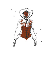 Hand drawn abstract vector graphic clipart illustration boho cowgirl in hat portrait.Western female design concept.Bohemian wild west contemporary art.Cowboy girl modern drawing.American cowgirl logo.