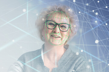 Future. Face Detection. Biometric Facial Recognition. ID Information Security. 3D Scanning of Face of Caucasian Server Engineer Working with Tablet at Data Center. Data Analyzing Animation with Points