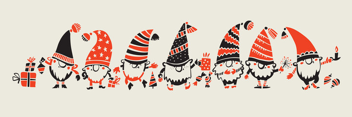 Christmas gnomes line. Christmas gnomes silhouette - 542652325