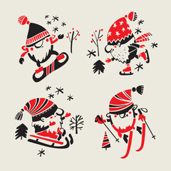 Winter sport gnomes. Ski and snowboard gnomes