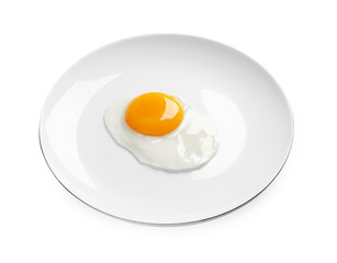 Plate with tasty fried egg isolated on white