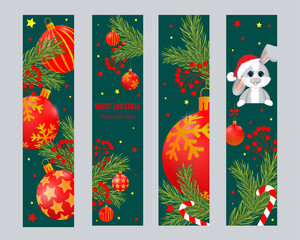 Set of vector banners, bookmarks. Happy New Year concept with christmas tree branches, rabbit, hare and balls.