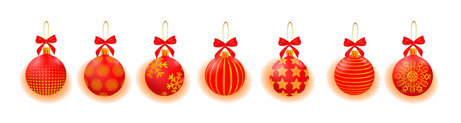 Set of Christmas balls in red and gold colors. Holiday decoration template.