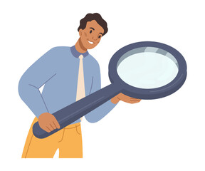 Real estate agent searching and looking, instrument or tool helping at work. Isolated male character zooming in, portrait of man wearing formal clothes. Vector in flat cartoon style