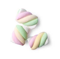 Delicious colorful marshmallows on white background, top view