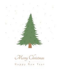 Holiday Greeting Card, Christmas tree in snow on white background.