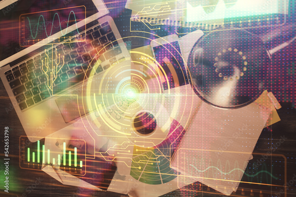 Poster Multi exposure of data theme drawing hologram over topview work desk background with computer. Concept of technology.