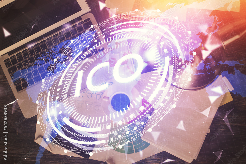 Poster Blockchain theme hologram drawings over computer on the desktop background. Top view. Double exposure.