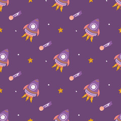 Rockets with stars on purple background, vector seamless pattern, children's print for fabric, paper products