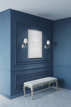 A classic dark blue interior with classic white sconces flanking an illuminated vertical poster on a wall with moldings, and a white classic bench on a light parquet floor. 3d render