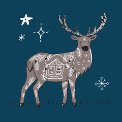 Forest animal deer christmas winter vector illustration poster.