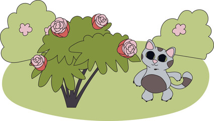 Illustration of a grey cat outdoors. The pet admires the large red flowers of roses on the bush. Cute kitten in a juicy meadow. Ready to use eps for your design