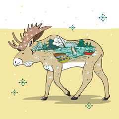 Forest animal elk christmas winter vector illustration poster.