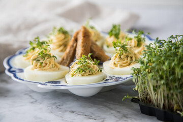 Kalte gefüllte russische Eier mit Frischkäse, Kresse und Kräuter farciert auf Blau Weiß Porzellan Eierplatte, Leinen Tuch und Marmor Hintergrund hell mit Toast Brot 