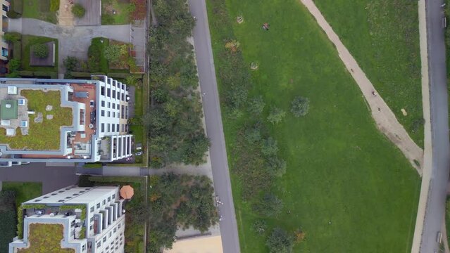 Apartment house roof terrace green parks. Stunning aerial view flight berlin