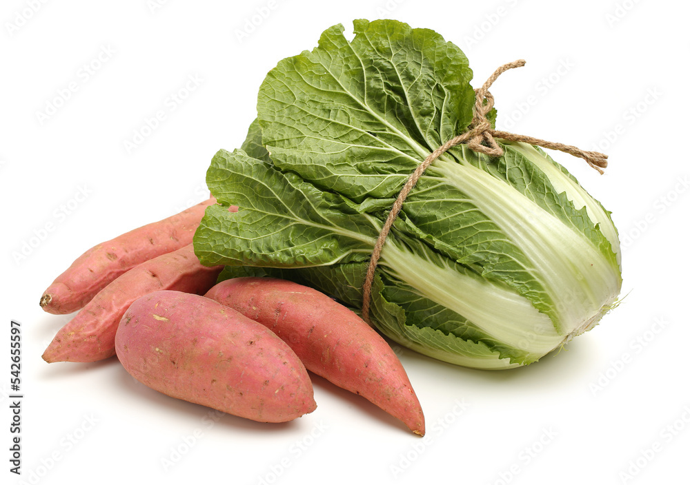 Wall mural Chinese cabbage and sweet potato on white background 