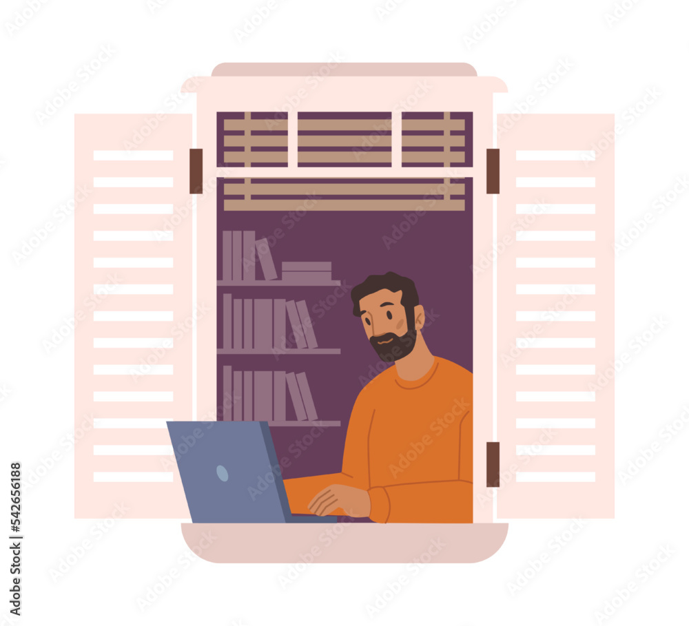 Poster worker with laptop working from home, freelance with personal computer on window sill. employee or b