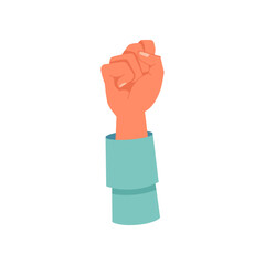 Hand gesture of raised clenched fist up. Isolated arm of protester on demonstration. Raising objections and put fight equality. Vector in flat cartoon style - obrazy, fototapety, plakaty