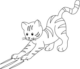 Cute coloring page for kids with cartoon kitten scratching. Cartoon vector illustration for children isolated on white background.