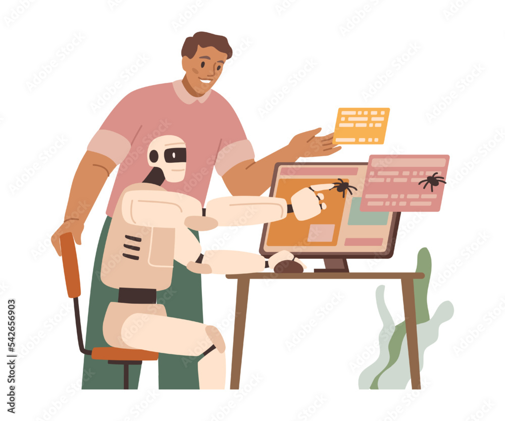 Aufkleber Testing and repairing bugs in programs. Isolated employee helping robot to improve quality of work, automatization of project making. Vector in flat cartoon style
