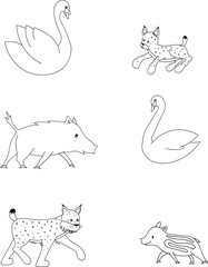 Cute coloring page for kids with cartoon animals. Match the pictures. Activity page. Cartoon vector illustration for children isolated on white background.