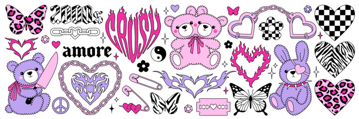 Y2k glamour pink stickers. Butterfly, kawaii bear, fire, flame, chain, heart, tattoo and other elements in trendy emo goth 2000s style. Vector hand drawn icon. 90s, 00s aesthetic. Pink pastel colors. - obrazy, fototapety, plakaty