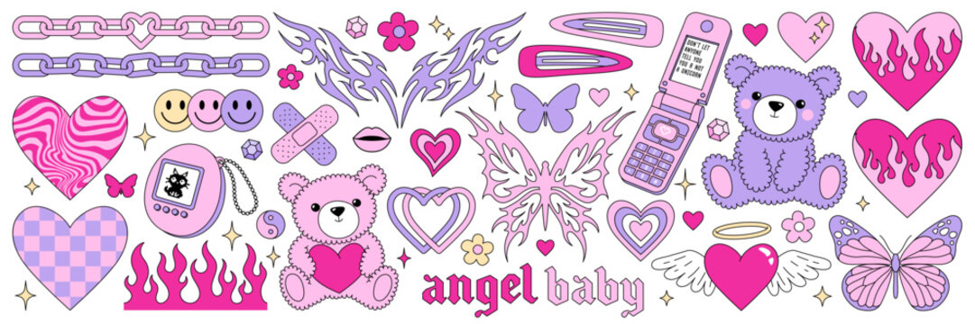 Y2k glamour pink stickers. Butterfly, kawaii bear, fire, flame, chain, heart, tattoo and other elements in trendy emo goth 2000s style. Vector hand drawn icon. 90s, 00s aesthetic. Pink pastel colors.