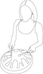 Woman plays the steel tongue drum with sticks. Continuous line drawing of traditional folk music instrument. Vector illustration.