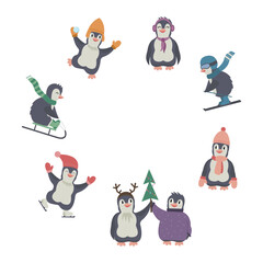 Christmas circle of cute cartoon happy funny penguins with warm clothes waiting for holidays. Winter vector illustration for children print.