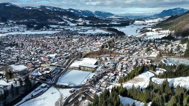 Drone shot of oberstdorf in winter, Bavaria, Germany